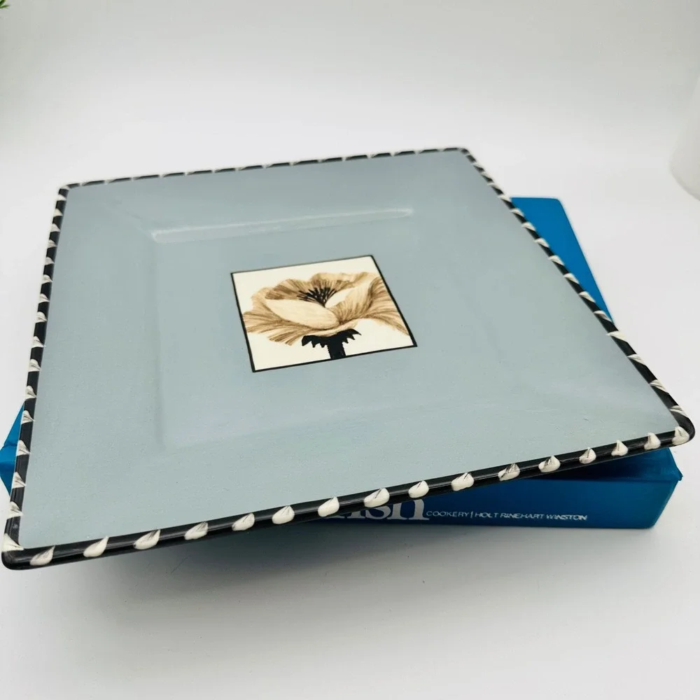 Vintage M. Moroz Signed Square Ceramic Floral Art Plate Blue Sepia 10in